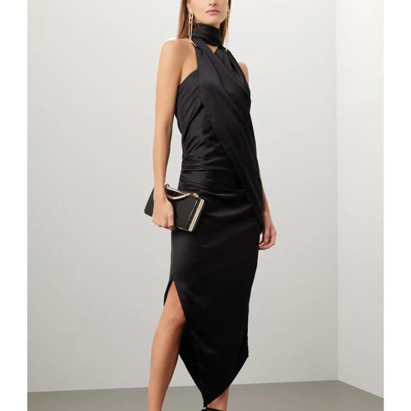 Arias Black Satin Halter Gown Size 8 Cocktail Asymmetric Ruched Maxi Dress $850 - Picture 1 of 11